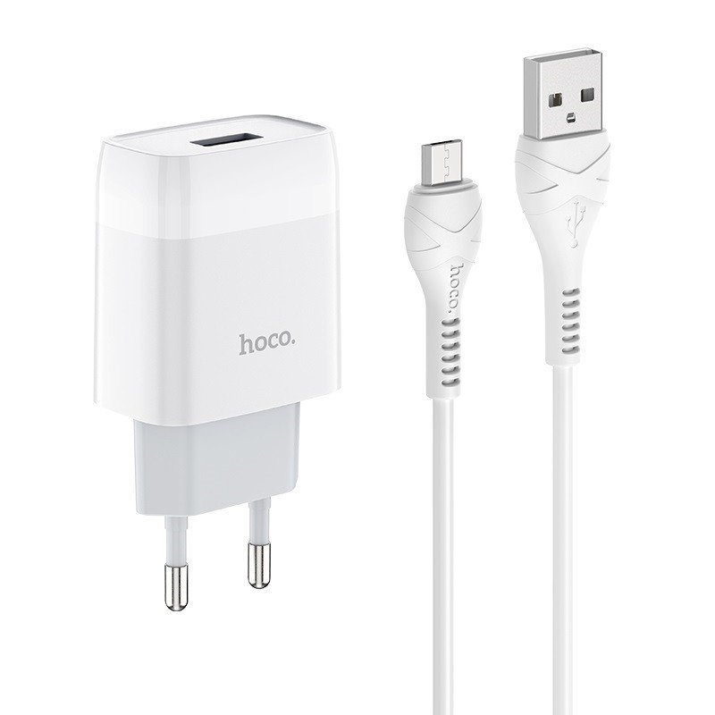 Сетевое зарядное устройство (СЗУ) Hoco C72A (USB) + кабель MicroUSB, 18 Вт/2.1 А, белый