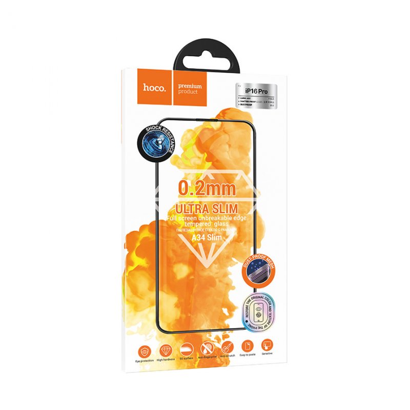 Противоударное стекло 2D Hoco A34 Slim для Apple iPhone 16 Pro / iPhone 17 (полное покрытие / сеточка на динамик / защита от пыли) черный
