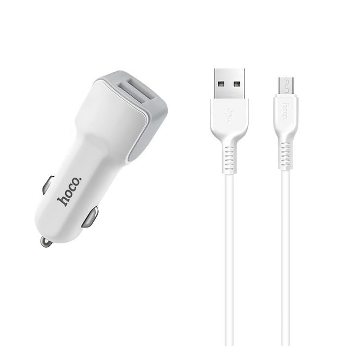 Автомобильное зарядное устройство (АЗУ) Hoco Z23 (2 USB) + кабель MicroUSB, 2.4 А, белый