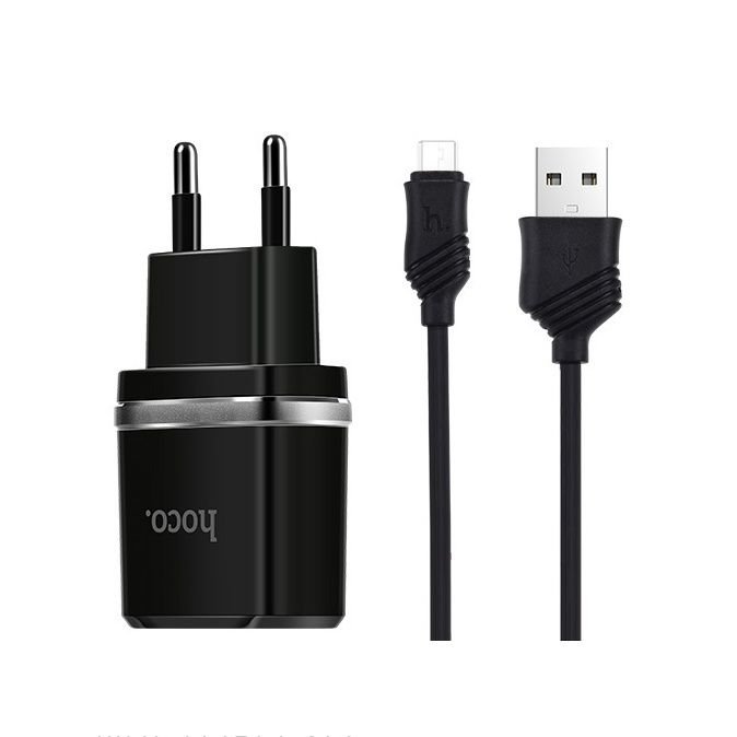 Сетевое зарядное устройство (СЗУ) Hoco C12 (2 USB) + кабель MicroUSB, 2.4 А, черный