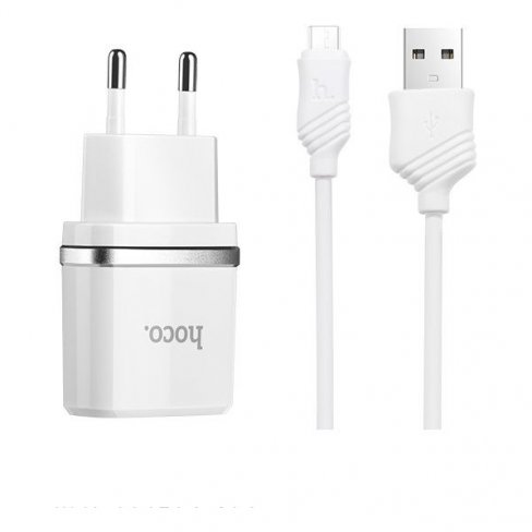 Сетевое зарядное устройство (СЗУ) Hoco C12 (2 USB) + кабель MicroUSB, 2.4 А (белый)