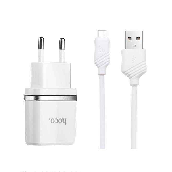 Сетевое зарядное устройство (СЗУ) Hoco C12 (2 USB) + кабель MicroUSB, 2.4 А, белый