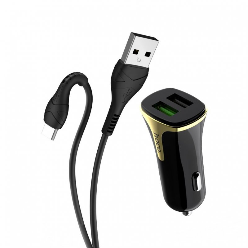 Автомобильное зарядное устройство (АЗУ) Hoco Z31 QC 3.0 (2 USB) + кабель Type-C, 3.4 А, черный