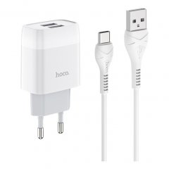 Сетевое зарядное устройство (СЗУ) Hoco C73A (2 USB) + кабель Type-C, 2.4 А (белый)
