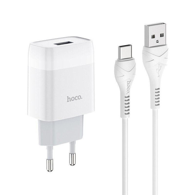 Сетевое зарядное устройство (СЗУ) Hoco C72A (USB) + кабель Type-C, 18 Вт/2.1 А, белый