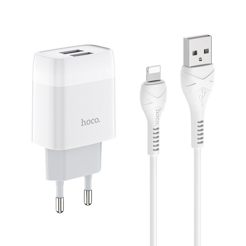 Сетевое зарядное устройство (СЗУ) Hoco C73A (2 USB) + кабель Lightning, 2.4 А, белый
