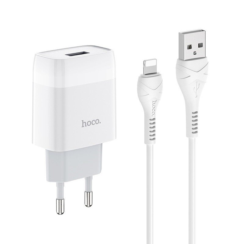 Сетевое зарядное устройство (СЗУ) Hoco C72A (USB) + кабель Lightning, 18 Вт/2.1 А, белый