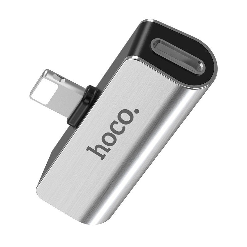 Переходник (адаптер) Hoco LS25 Lightning-3.5 мм/Lightning с поддержкой зарядки (работают с IOS13 и выше) серебро