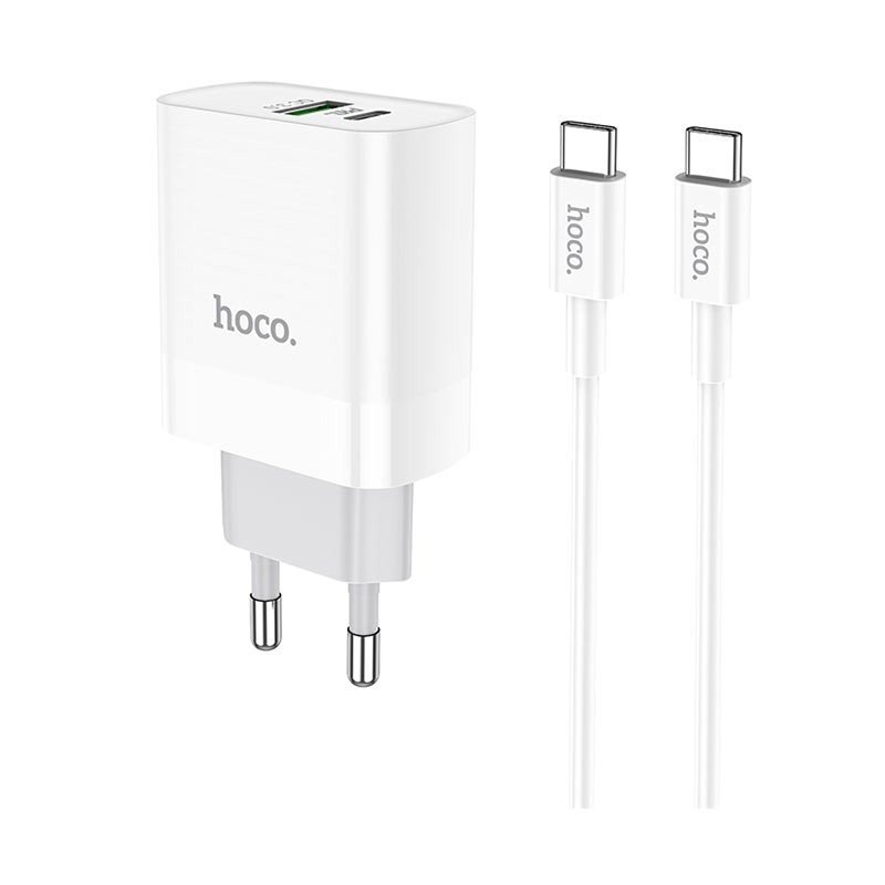 Сетевое зарядное устройство (СЗУ) Hoco C80A (USB/Type-C PD) + кабель Type-C-Type-C, 18 Вт/3 А, белый