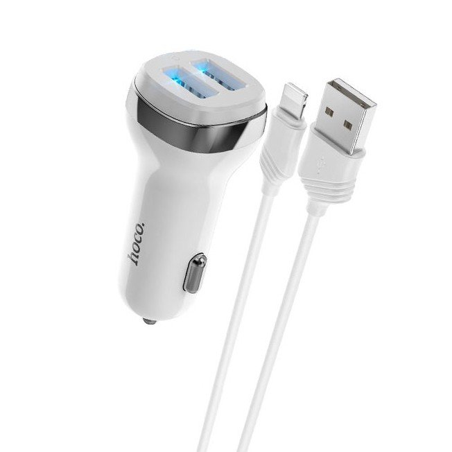 Автомобильное зарядное устройство (АЗУ) Hoco Z40 (2 USB) + кабель Lightning, 2.4 А, белый