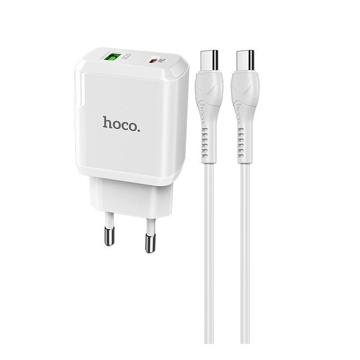 Сетевое зарядное устройство (СЗУ) Hoco N5 (USB/Type-C) + кабель Type-C-Type-C, 20 Вт/3 А, белый