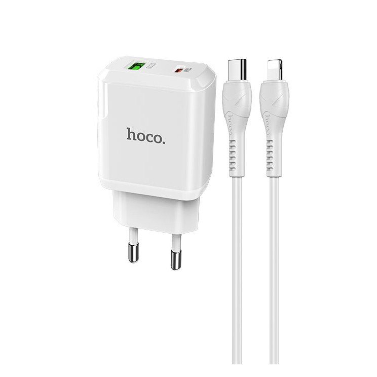 Сетевое зарядное устройство (СЗУ) Hoco N5 (USB/Type-C) + кабель Type-C-Lightning, 20 Вт/3 А, белый