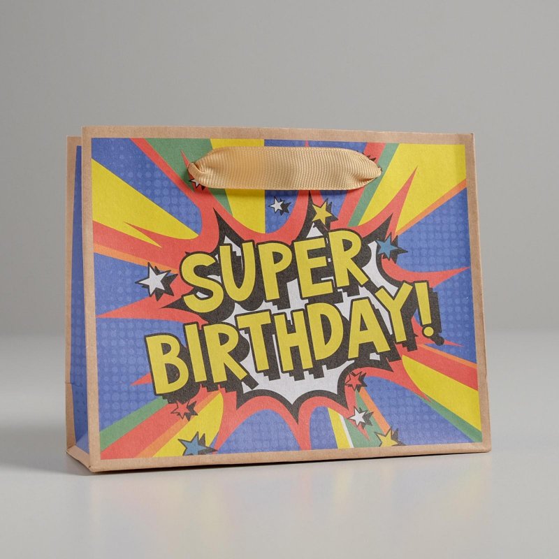 Пакет крафт подарочный "Super birthday" / S / 15x12x5,5 см