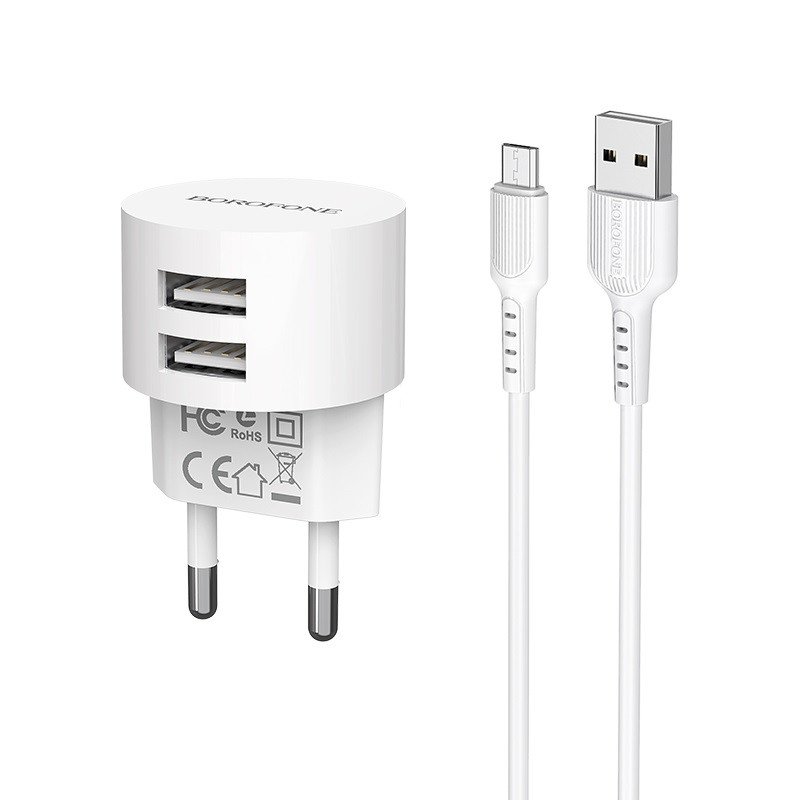 Сетевое зарядное устройство (СЗУ) Borofone BA23A (2 USB) + кабель MicroUSB, 2.4 А, белый
