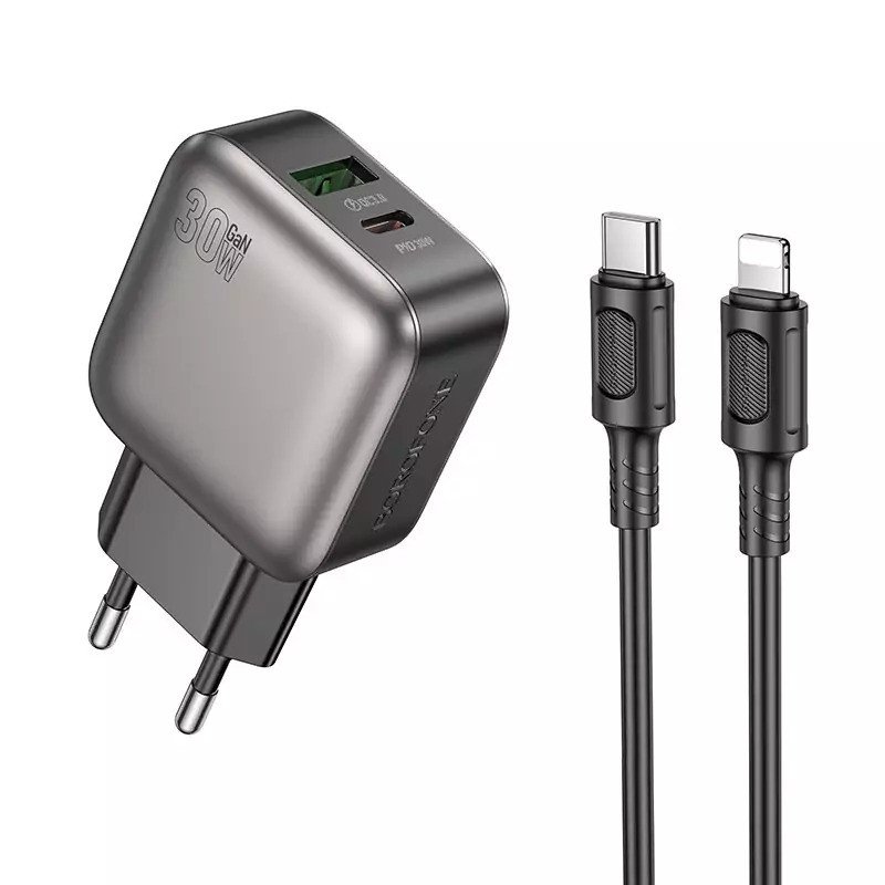 Сетевое зарядное устройство (СЗУ) Borofone BAS55A (USB/Type-C PD) + кабель Type-C-Lightning, 30 Вт/3 А, черный