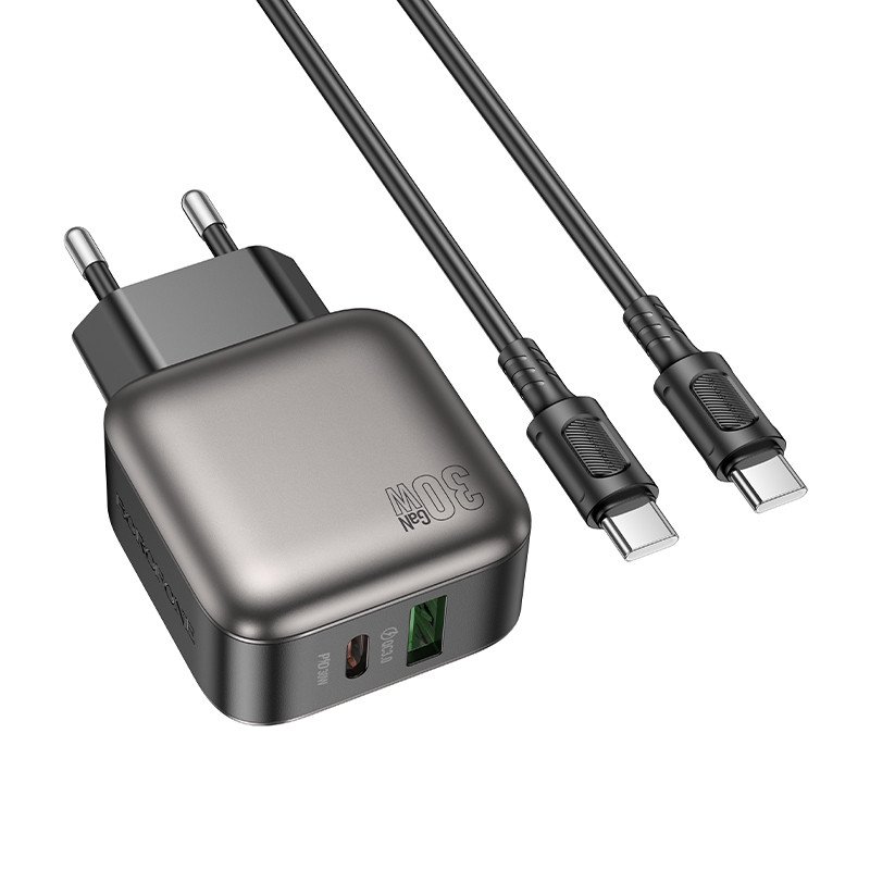 Сетевое зарядное устройство (СЗУ) Borofone BAS55A (USB/Type-C PD) + кабель Type-C-Type-C, 30 Вт/3 А, черный