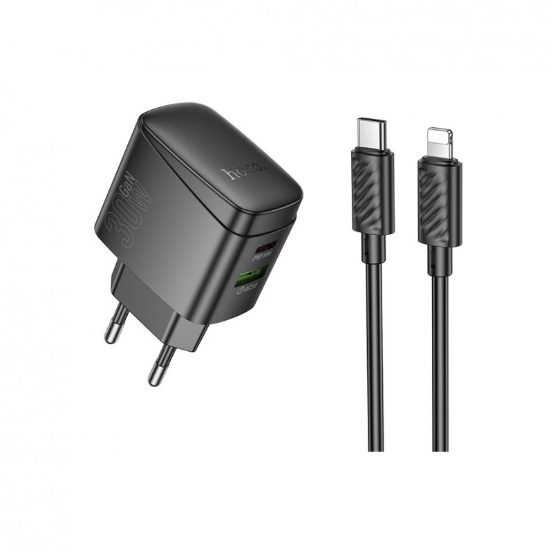 Сетевое зарядное устройство (СЗУ) Hoco CS61A (USB/Type-C PD) + кабель Type-C-Lightning, 30 Вт/3 А, черный