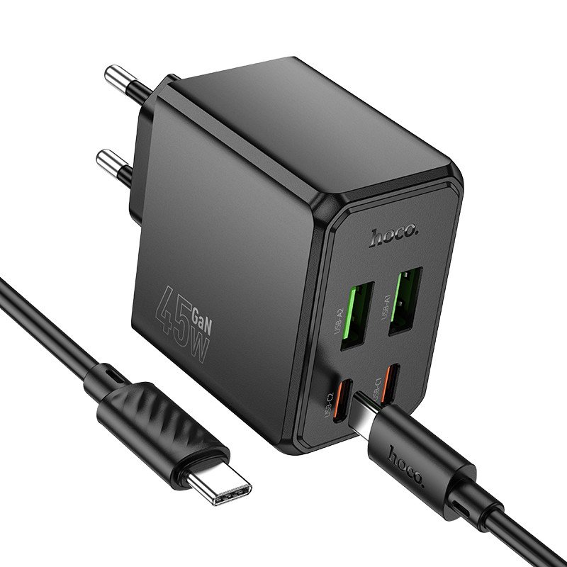 Сетевое зарядное устройство (СЗУ) Hoco CS18A (2USB/2Type-C PD) + Type-C-Type-C, 45 Вт/3 А, черный