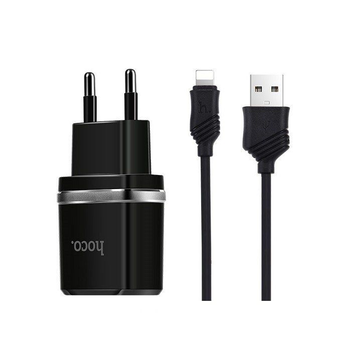 Сетевое зарядное устройство (СЗУ) Hoco C12 (2 USB) + кабель Lightning, 2.4 А, черный