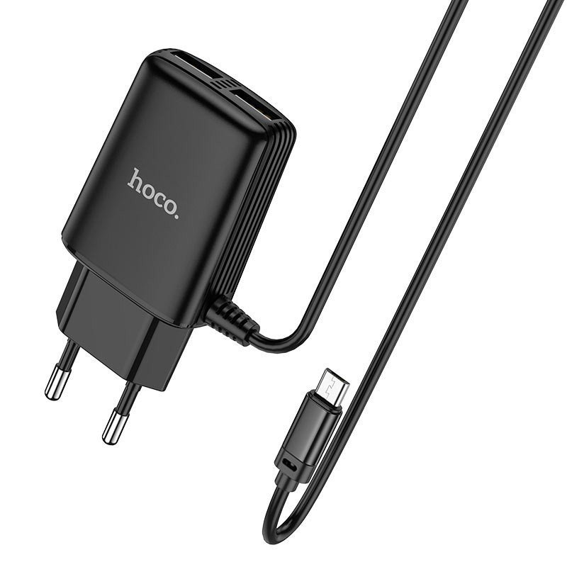 Сетевое зарядное устройство (СЗУ) Hoco C82A (2 USB) + кабель MicroUSB, 2.4 А, черный