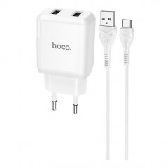 Сетевое зарядное устройство (СЗУ) Hoco N7 Speedy (2 USB) + кабель Type-C, 2.1 А (белый)