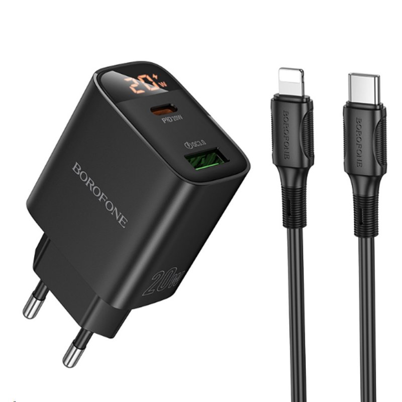 Сетевое зарядное устройство (СЗУ) Borofone BA96A (USB/Type-C PD) + Type-C-Lightning, 20 Вт/3 А, черный