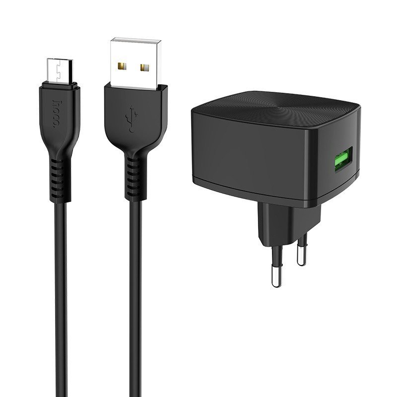 Сетевое зарядное устройство (СЗУ) Hoco C70A QC 3.0 (USB) + кабель MicroUSB, 18 Вт/3 A, черный
