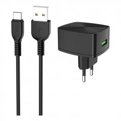 Сетевое зарядное устройство (СЗУ) Hoco C70A QC 3.0 (USB) + кабель Type-C, 3 A (черный)