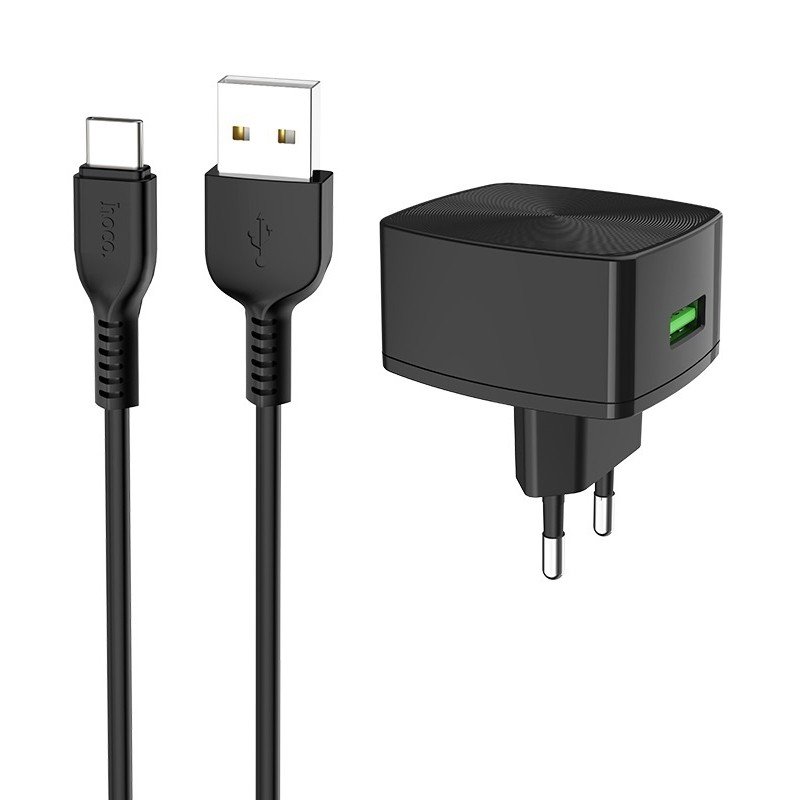 Сетевое зарядное устройство (СЗУ) Hoco C70A QC 3.0 (USB) + кабель Type-C, 18 Вт/3 A, черный