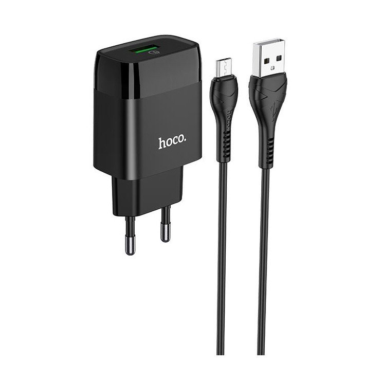 Сетевое зарядное устройство (СЗУ) Hoco C72Q (USB) + кабель MicroUSB, 18 Вт/3 А, черный