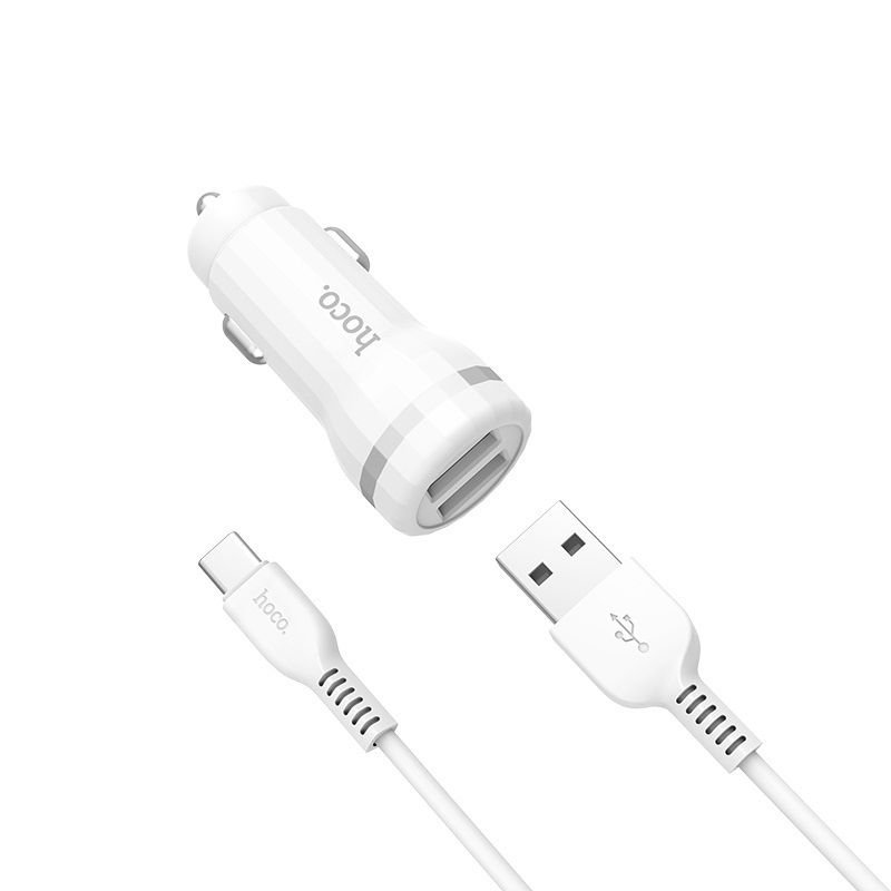 Автомобильное зарядное устройство (АЗУ) Hoco Z27 (2 USB) + кабель Type-C, 2.4 А, белый