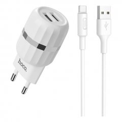 Сетевое зарядное устройство (СЗУ) Hoco C41A (2 USB) + кабель Type-C, 2.4 А (белый)
