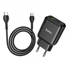 Сетевое зарядное устройство (СЗУ) Hoco N5 (USB/ype-C) + кабель Type-C-Type-C, 3 А (черный)