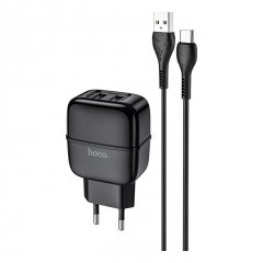 Сетевое зарядное устройство (СЗУ) Hoco C77A (2 USB) + кабель Type-C, 2.4 А (черный)