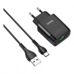 Сетевое зарядное устройство (СЗУ) Hoco C72Q (USB) + кабель Type-C, 3 А (черный)