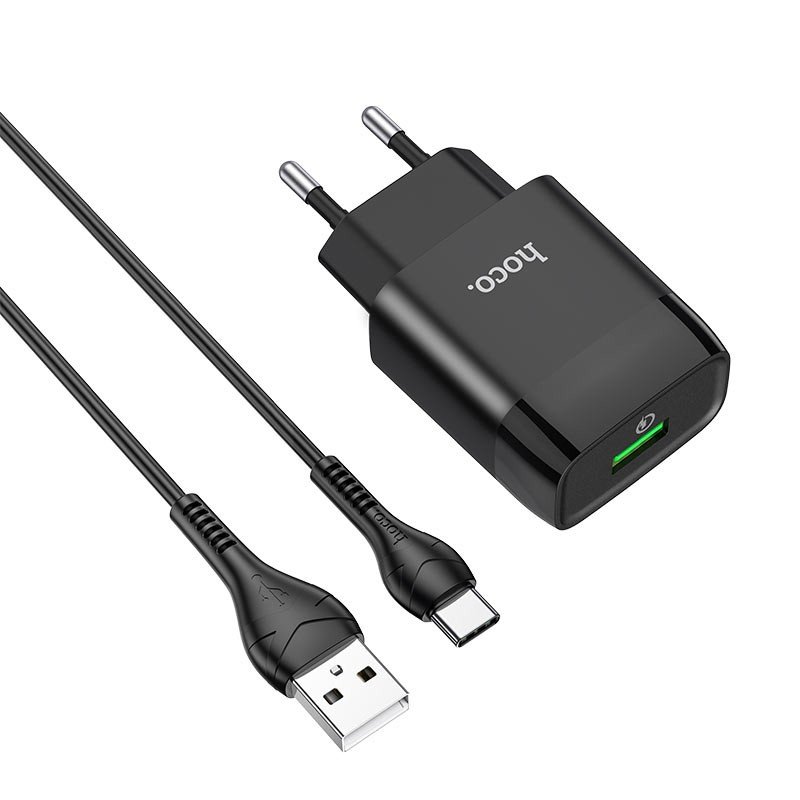 Сетевое зарядное устройство (СЗУ) Hoco C72Q (USB) + кабель Type-C, 18 Вт/3 А, черный