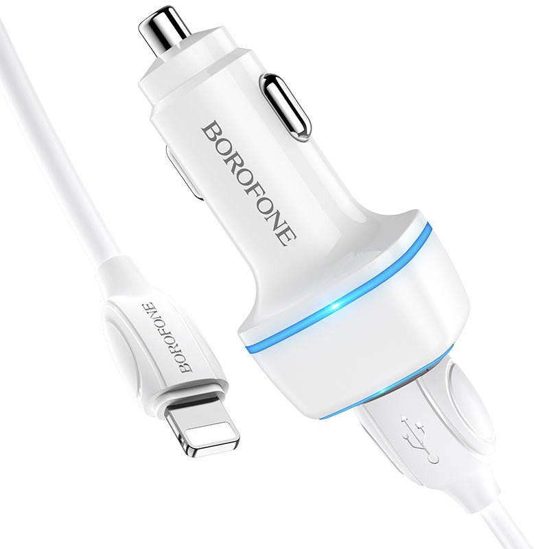 Автомобильное зарядное устройство (АЗУ) Borofone BZ14 (2 USB) + кабель Lightning, 2.4 А, белый