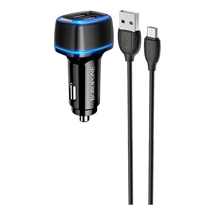 Автомобильное зарядное устройство (АЗУ) Borofone BZ14 (2 USB) + кабель MicroUSB, 2.4 А, черный