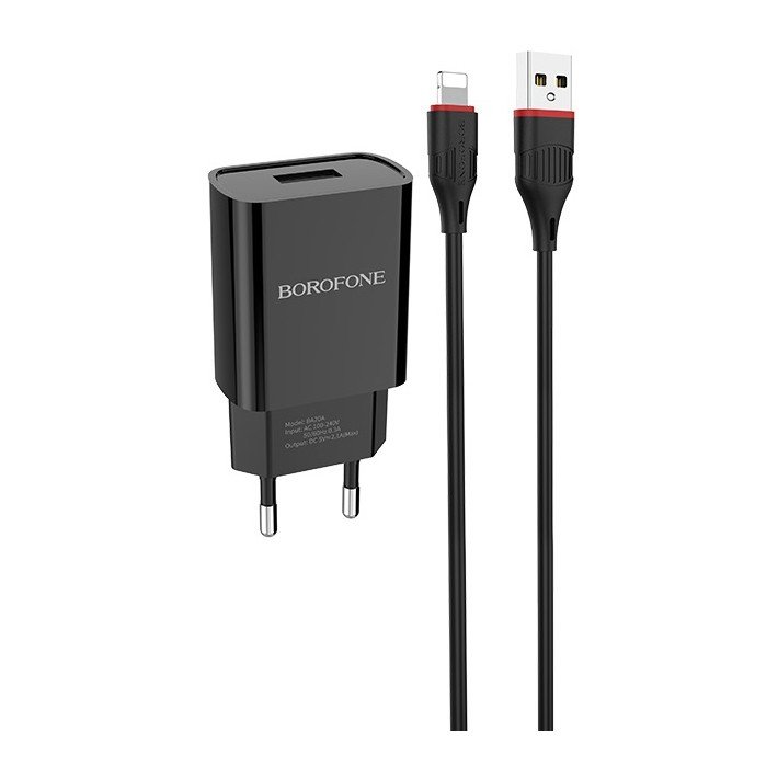 Сетевое зарядное устройство (СЗУ) Borofone BA20A (USB) + кабель Lightning, 2.1 А, черный