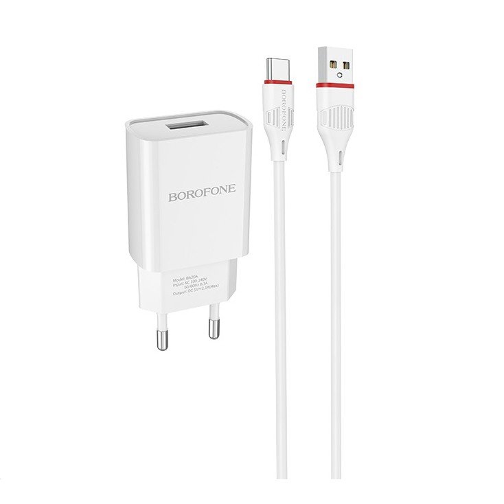 Сетевое зарядное устройство (СЗУ) Borofone BA20A (USB) + кабель Type-C, 2.1 А, белый