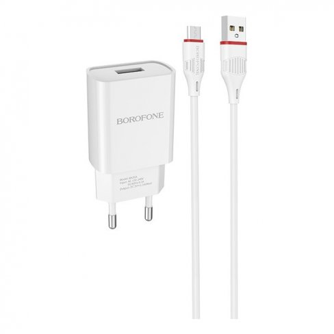 Сетевое зарядное устройство (СЗУ) Borofone BA20A (USB) + кабель MicroUSB, 2.1 А (белый)