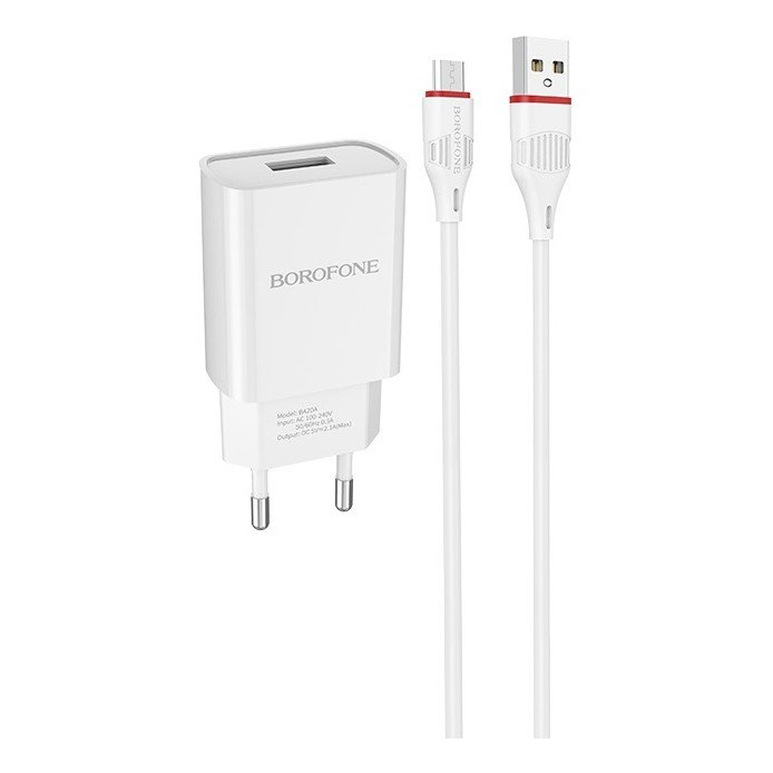 Сетевое зарядное устройство (СЗУ) Borofone BA20A (USB) + кабель MicroUSB, 2.1 А, белый