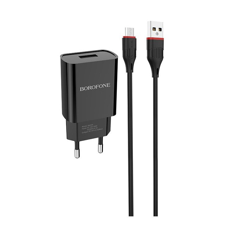 Сетевое зарядное устройство (СЗУ) Borofone BA20A (USB) + кабель MicroUSB, 2.1 А, черный
