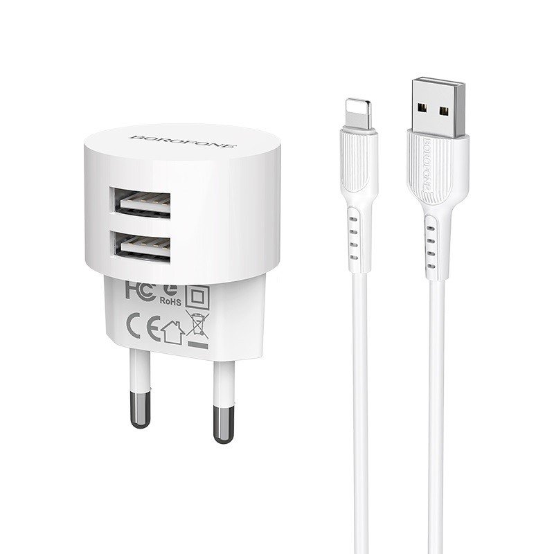 Сетевое зарядное устройство (СЗУ) Borofone BA23A (2 USB) + кабель Lightning, 2.4 А, белый