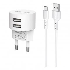 Сетевое зарядное устройство (СЗУ) Borofone BA23A (2 USB) + кабель Type-C, 2.4 А (белый)