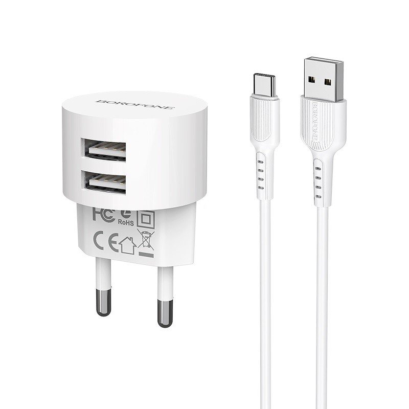 Сетевое зарядное устройство (СЗУ) Borofone BA23A (2 USB) + кабель Type-C, 2.4 А, белый
