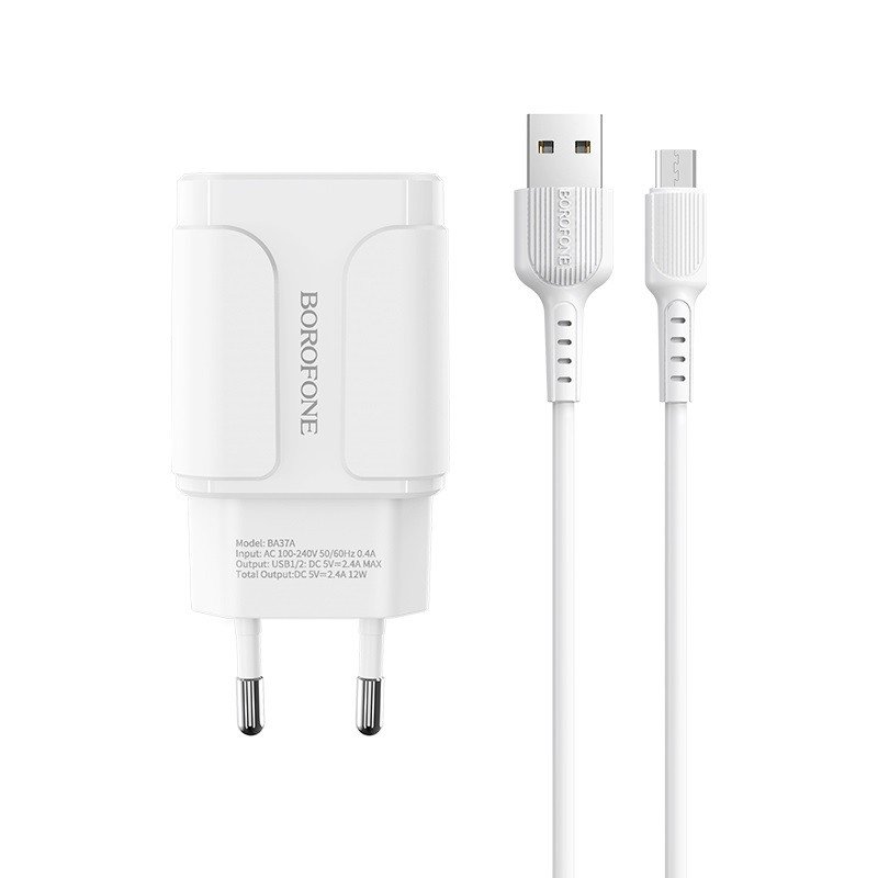 Сетевое зарядное устройство (СЗУ) Borofone BA37A (2 USB) + кабель MicroUSB, 2.4 А, белый