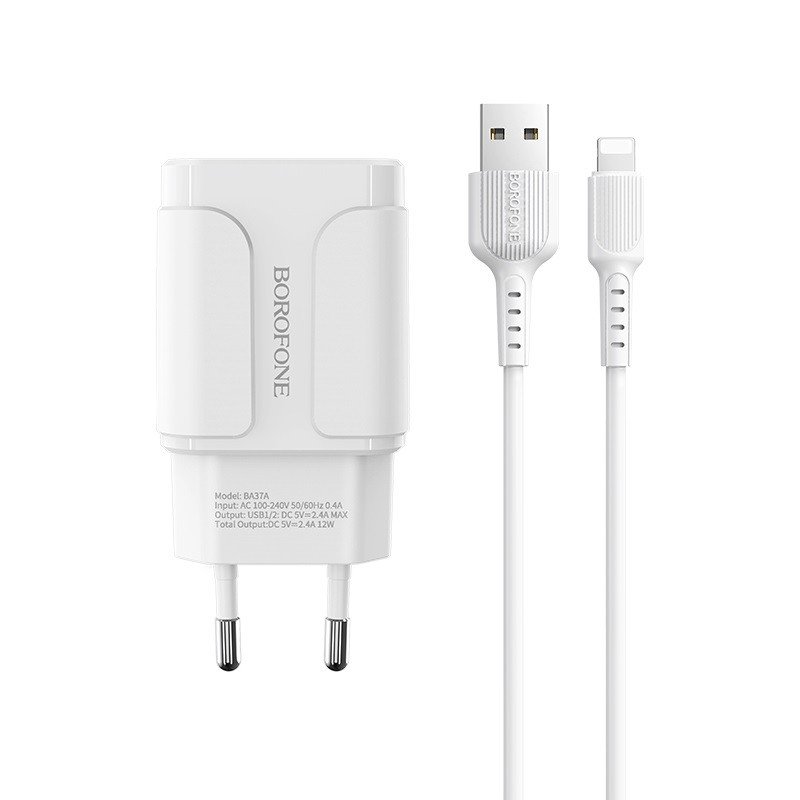 Сетевое зарядное устройство (СЗУ) Borofone BA37A (2 USB) + кабель Lightning, 2.4 А, белый