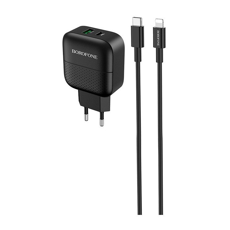 Сетевое зарядное устройство (СЗУ) Borofone BA46A QC 3.0 (USB/Type-C PD) + кабель Type-C-Lightning, 18 Вт/3 А, черный