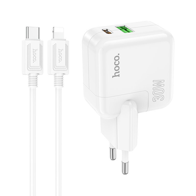 Сетевое зарядное устройство (СЗУ) Hoco C111A QC 3.0 (USB/Type-C PD) + кабель Type-C-Lightning, 30 Вт/3 А, белый